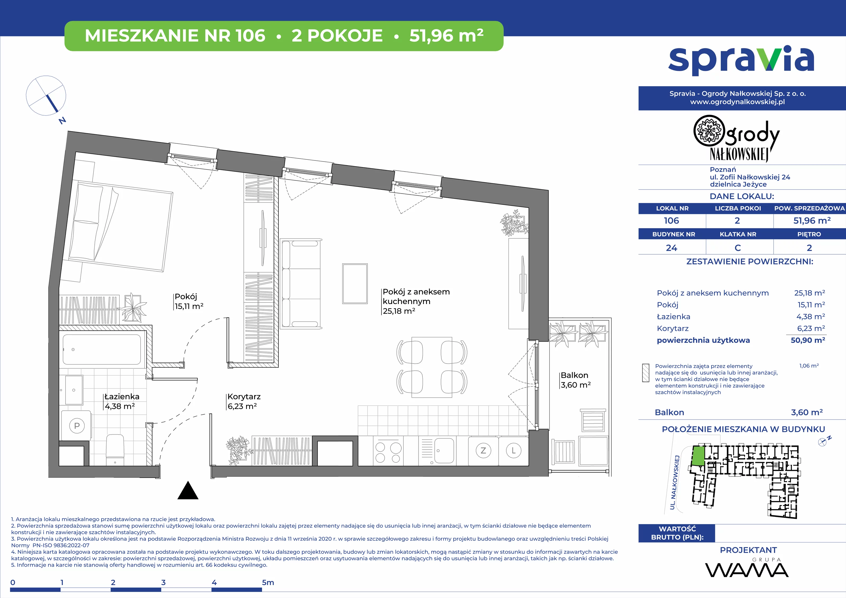 2 pokoje, mieszkanie 51,96 m², piętro 2, oferta nr 24-106, Ogrody Nałkowskiej, Poznań, Ogrody, ul. Nałkowskiej 24, 26